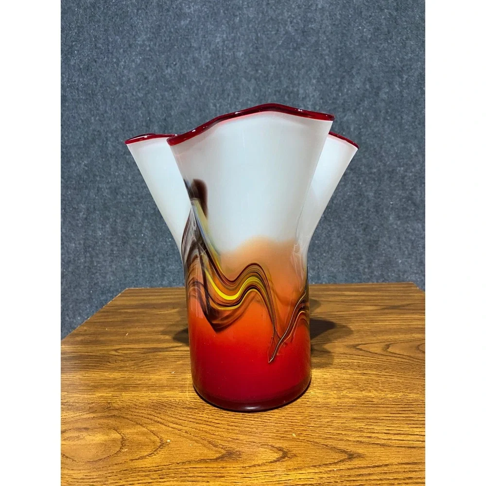 VTG Murano Style Hand Blown Cased Glass Handkerchief Vase Red White Multi Swirl‎